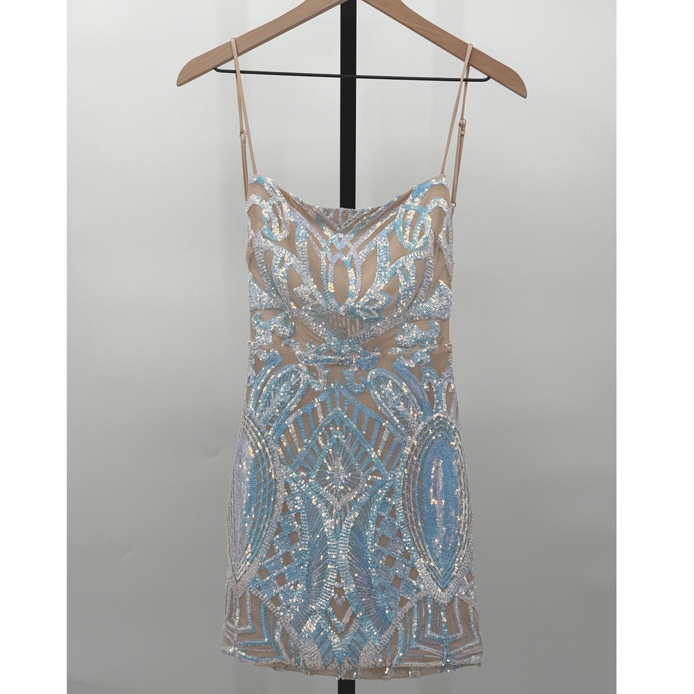 Lucy in the Sky Womens M Sequin Bodycon Mini Dress Lace Up Cutout Party Cocktail